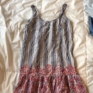 Blue and white striped dress with red florals